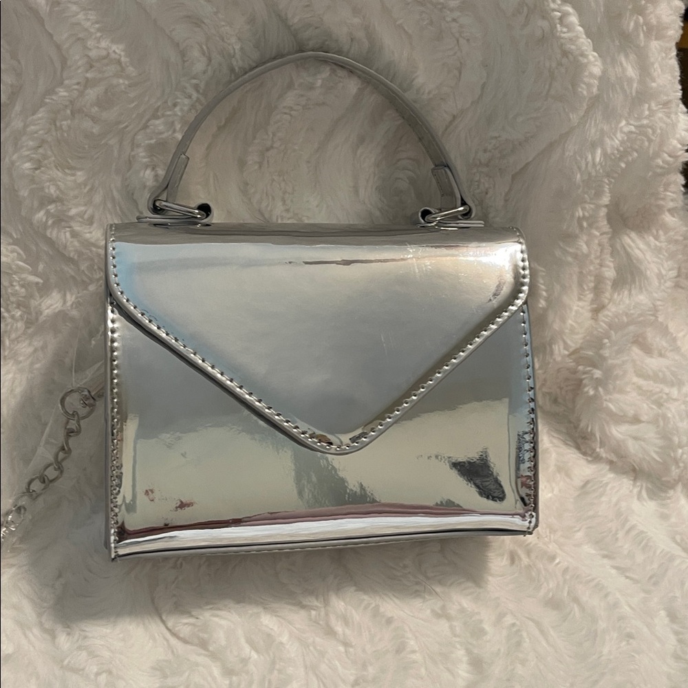 Shiny Metallic Silver Top-Handle Crossbody Bag - Picture 13 of 16